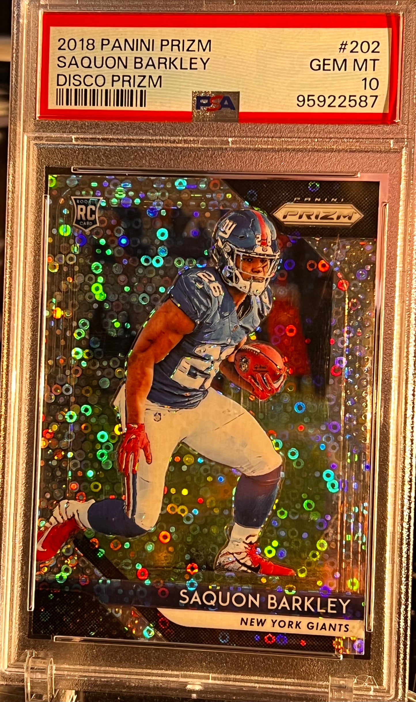 π 2018 Panini Prizm Saquon Barkley β Disco Prizm #202 β PSA 10 GEM MINT RC π Cert #95922587 | PSA 10 | SB Champ β Philadelphia Eagles