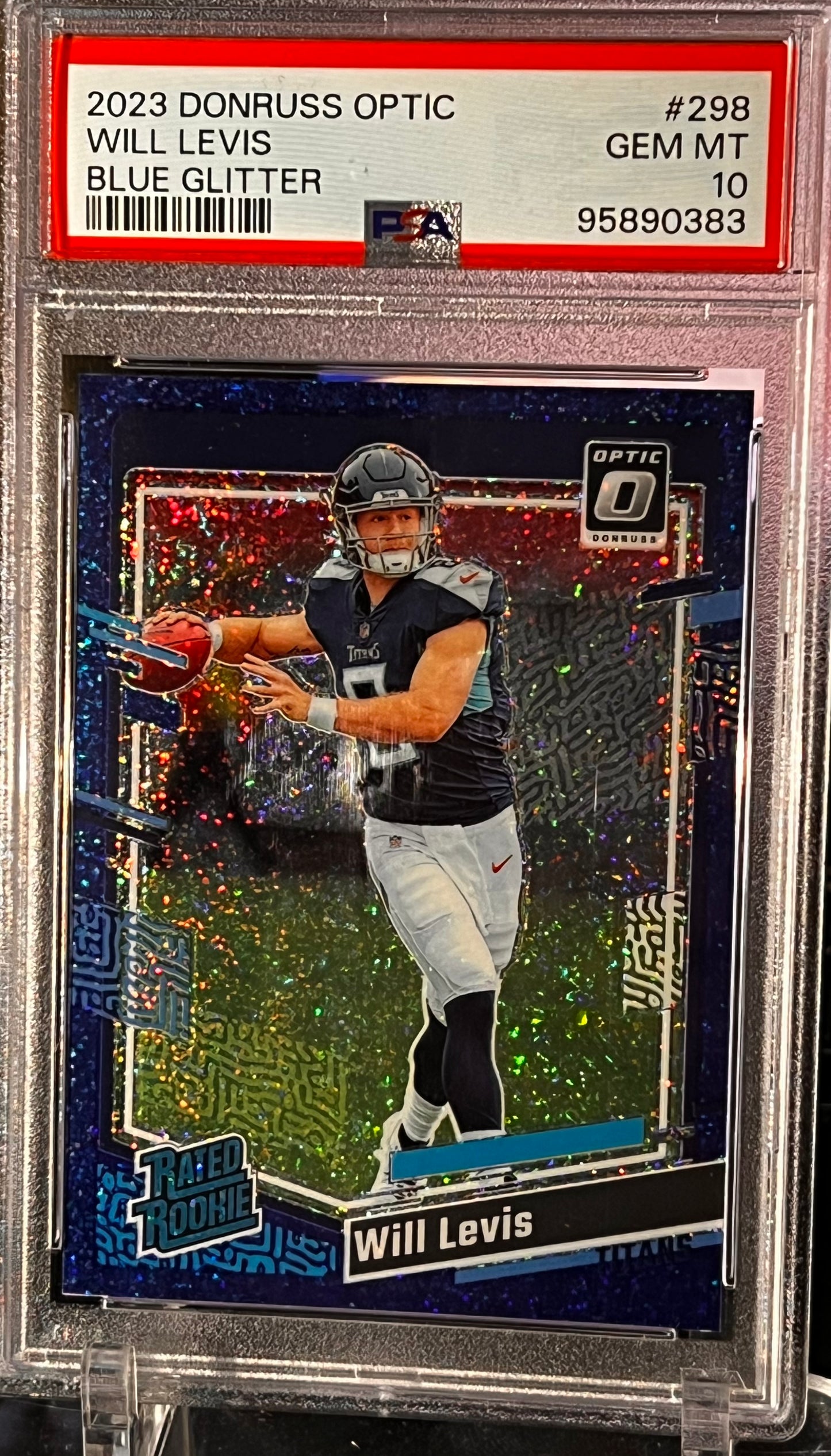 π 2023 Donruss Optic Will Levis β Blue Glitter RC #298 β PSA 10 GEM MINT π Cert #95890383 | Titans QB | Sparkle Parallel | Rookie Card