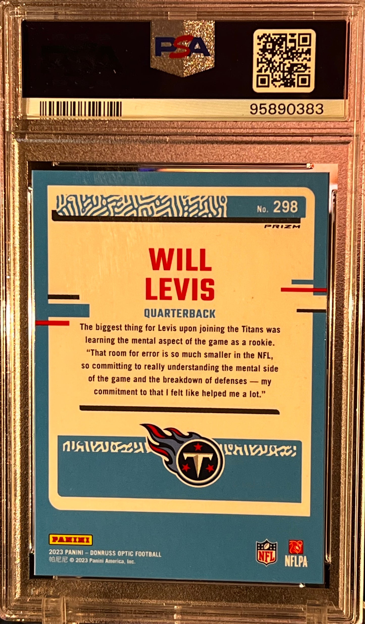 π 2023 Donruss Optic Will Levis β Blue Glitter RC #298 β PSA 10 GEM MINT π Cert #95890383 | Titans QB | Sparkle Parallel | Rookie Card