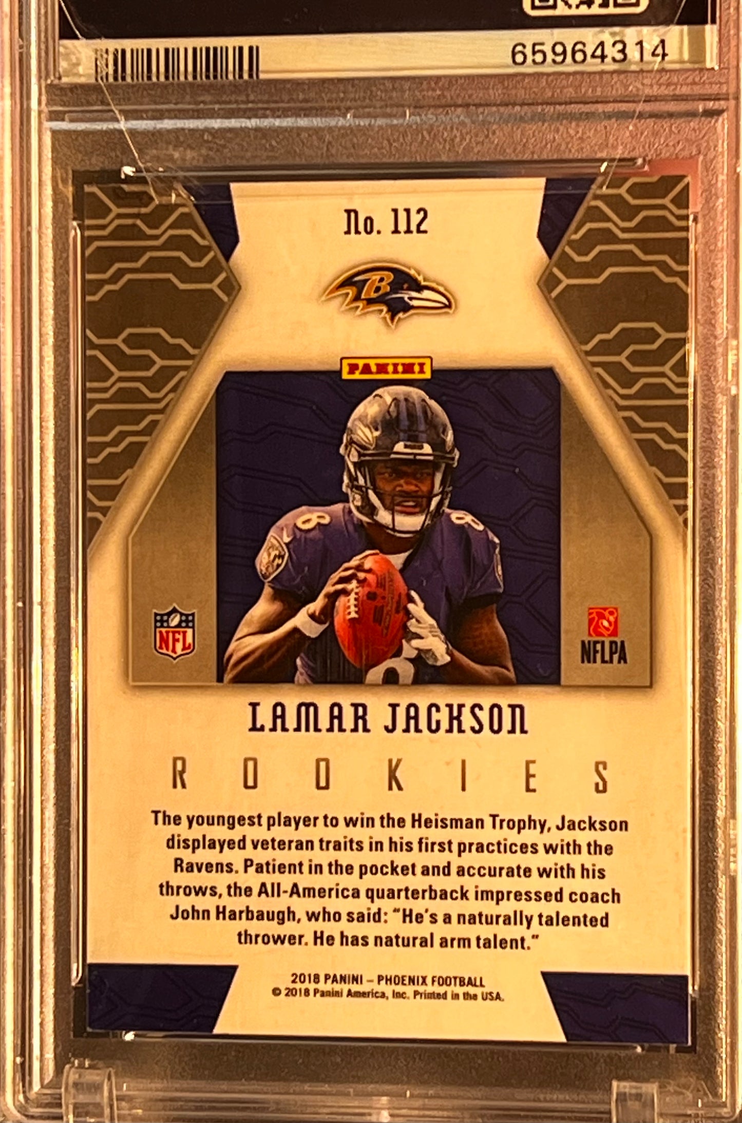 π₯ 2018 Panini Phoenix #112 Lamar Jackson β PSA 10 GEM MINT π₯ π·οΈ Cert #65964314 | Rookie Card | Slabbed & Graded by PSA