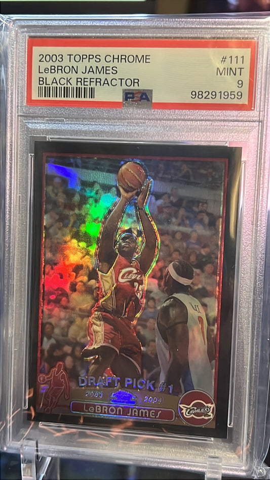 🏀 2003 Topps Chrome Black Refractor #111 LeBron James Rookie Card – PSA 9 MINT [#109/500] 🔥 Available now at Locos Rips and Hits – Shop the Vault