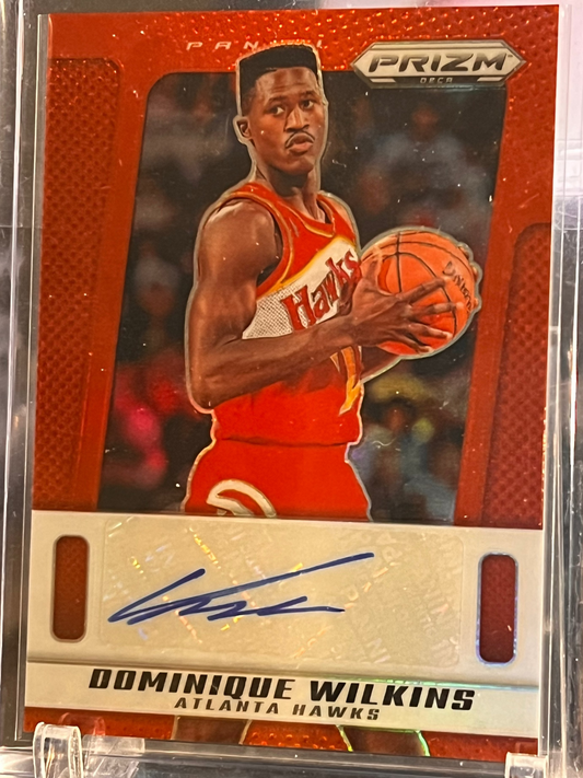 Basketball trading card of Dominique Wilkins in a red jersey with Panini Prizm branding.