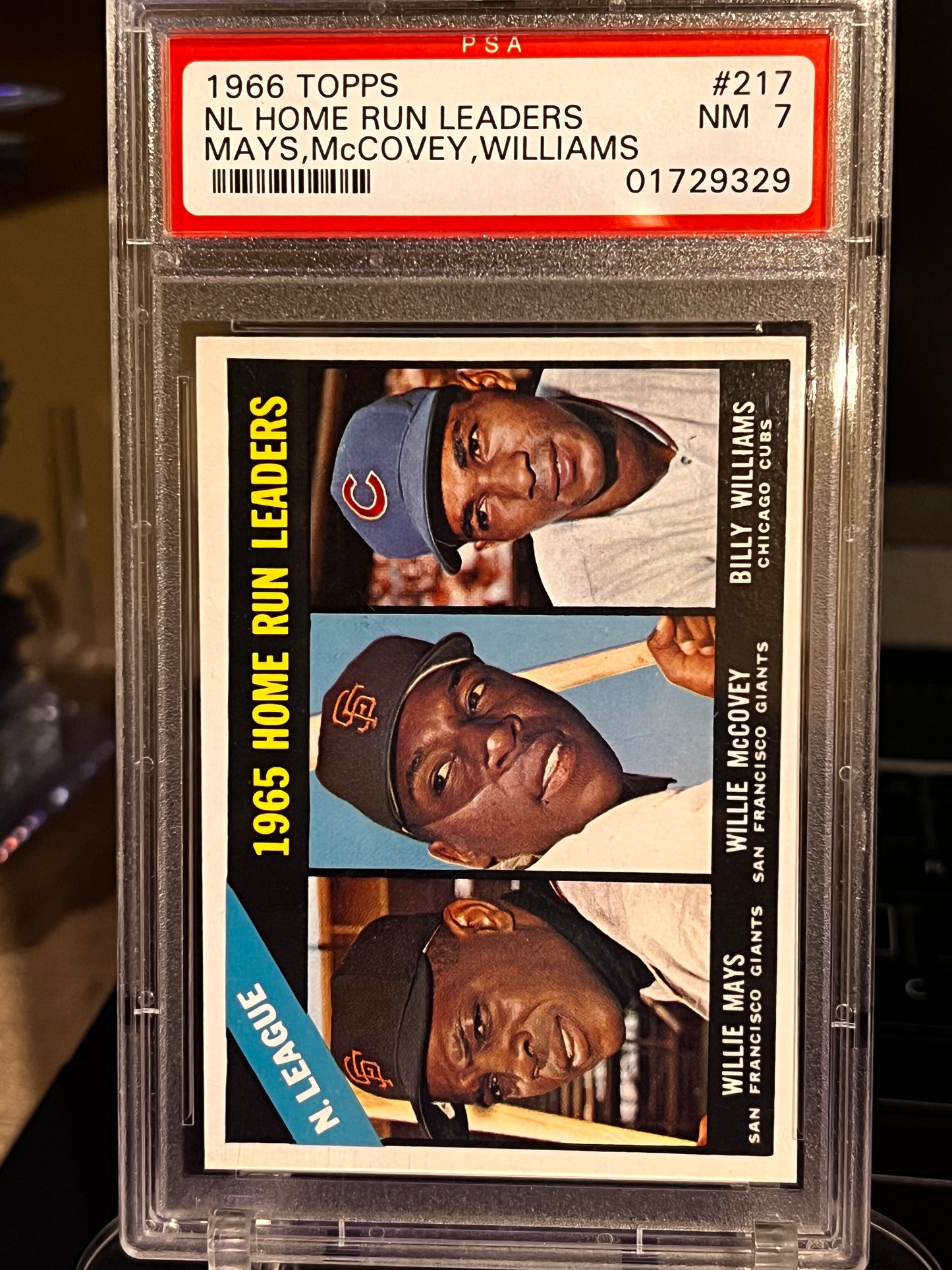 🔥 1966 Topps NL Home Run Leaders #217 – PSA 7 NM 🔥 Willie Mays | Willie McCovey | Billy Williams PSA Cert #01729329