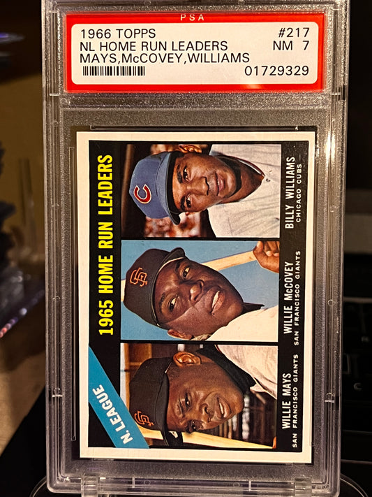 🔥 1966 Topps NL Home Run Leaders #217 – PSA 7 NM 🔥 Willie Mays | Willie McCovey | Billy Williams PSA Cert #01729329