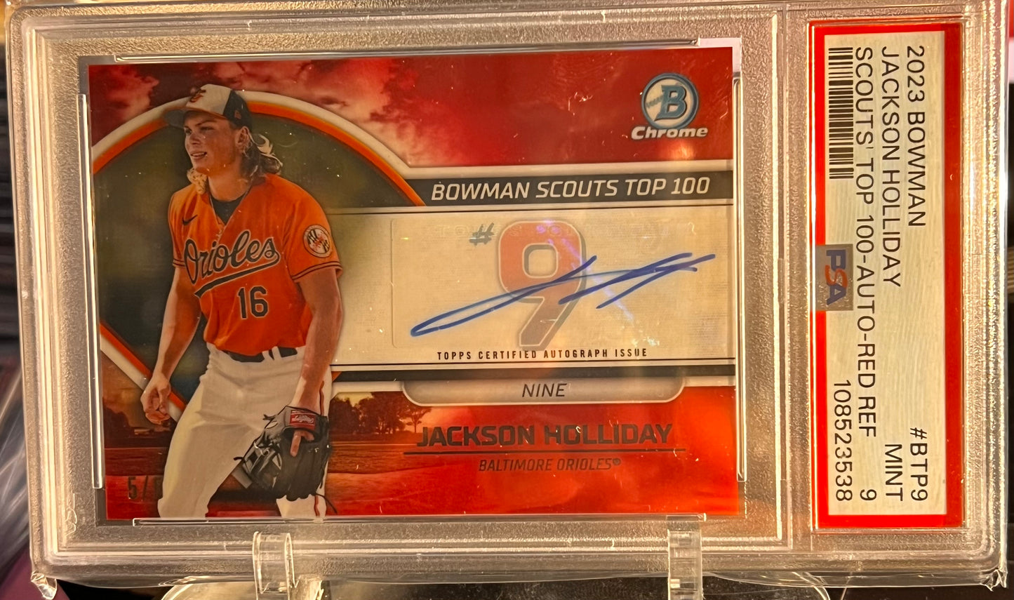 🔥 2023 Bowman Scouts Top 100 Jackson Holliday – Red Refractor Auto /5 – PSA 10 MINT (#BTP‑9) 🔥 Cert #108523538 | Serial #5/5 | Bookend Print