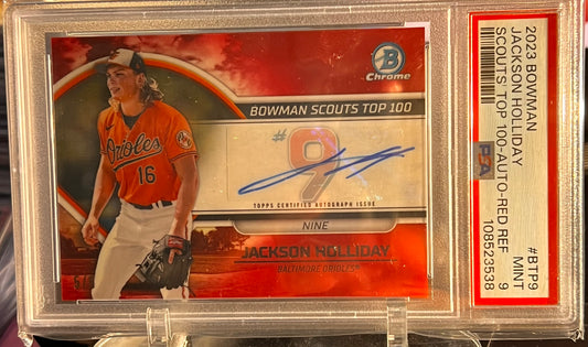 🔥 2023 Bowman Scouts Top 100 Jackson Holliday – Red Refractor Auto /5 – PSA 10 MINT (#BTP‑9) 🔥 Cert #108523538 | Serial #5/5 | Bookend Print