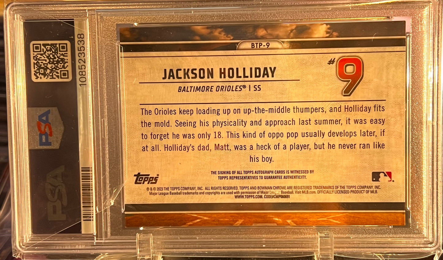 🔥 2023 Bowman Scouts Top 100 Jackson Holliday – Red Refractor Auto /5 – PSA 10 MINT (#BTP‑9) 🔥 Cert #108523538 | Serial #5/5 | Bookend Print