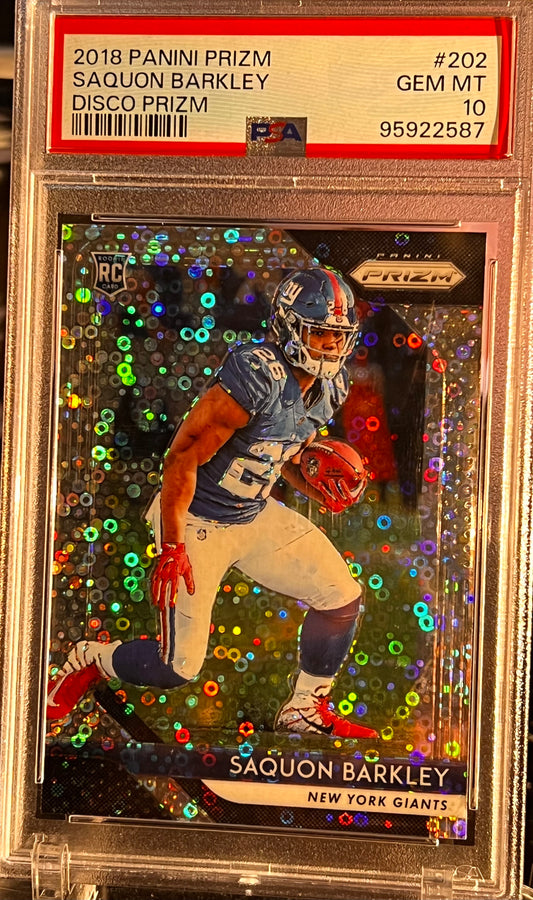 🏆 2018 Panini Prizm Saquon Barkley – Disco Prizm #202 – PSA 10 GEM MINT RC 🏆 Cert #95922587 | PSA 10 | SB Champ – Philadelphia Eagles