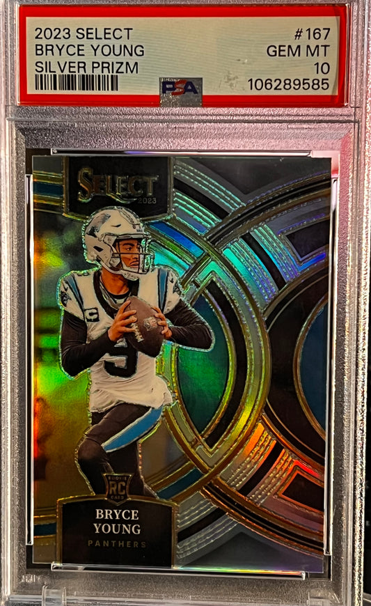 💎 2023 Select Bryce Young – Silver Prizm RC #167 – PSA 10 GEM MINT 💎 Cert #106289585 | Rookie QB1 | Carolina Panthers | Clean Chrome Shine