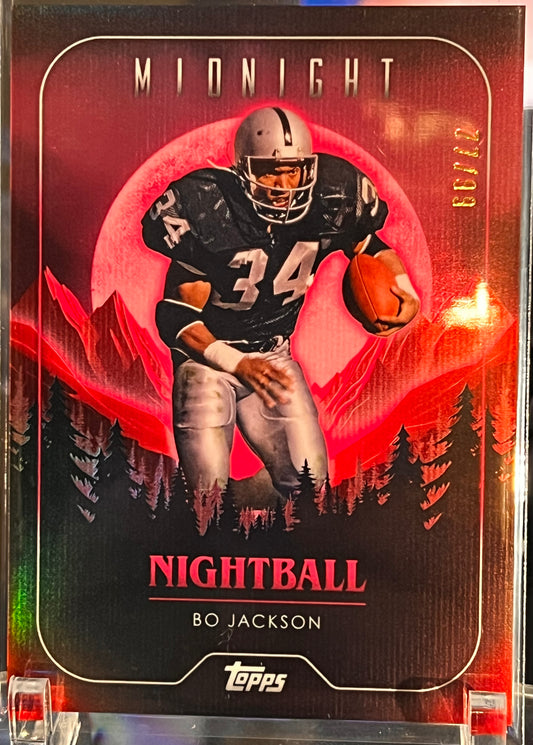 🌙 2024 Topps Midnight – Bo Jackson “Nightball” Pink Refractor – #77/99 🌙 Raiders Legend | Pink Foil Parallel | Iconic Insert | Serial #77/99
