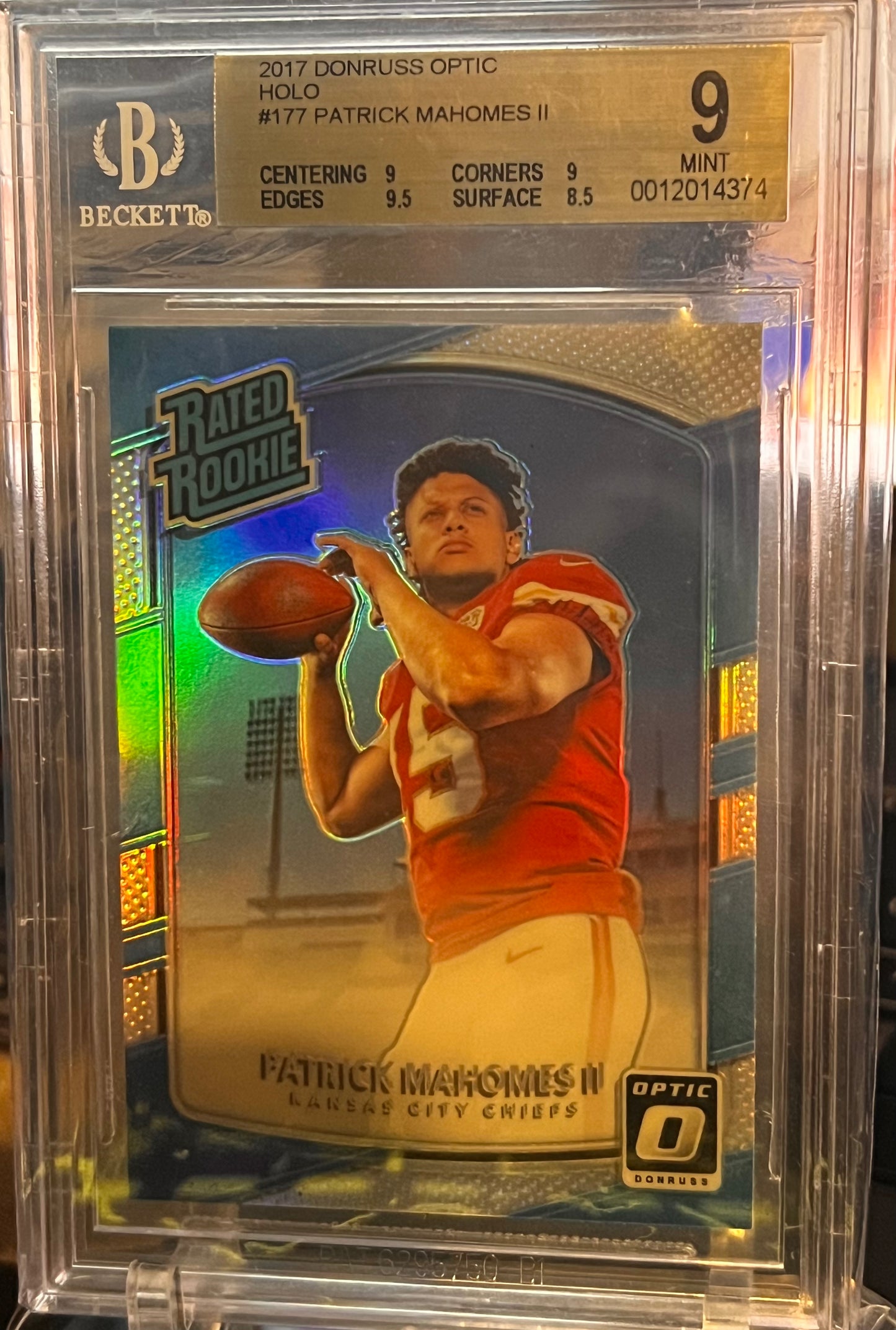 🔥 2017 Donruss Optic Patrick Mahomes II Holo RC #177 – BGS 9 MINT Cert #0012014374 | Holo Parallel | Rookie Year | Dynasty QB