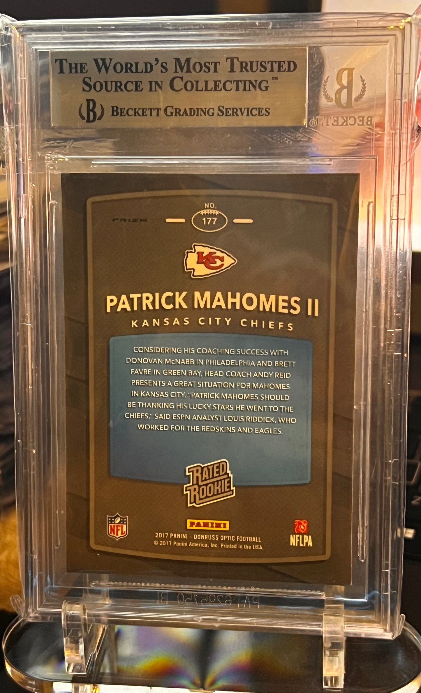 🔥 2017 Donruss Optic Patrick Mahomes II Holo RC #177 – BGS 9 MINT Cert #0012014374 | Holo Parallel | Rookie Year | Dynasty QB