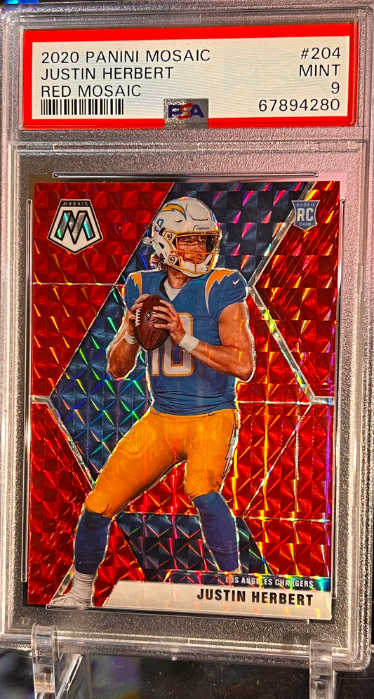 ⚡ 2020 Panini Mosaic #204 Justin Herbert – Red Mosaic | PSA 9 MINT ⚡ 🏷️ Cert #67894280 | Rookie Year Parallel | PSA Slabbed