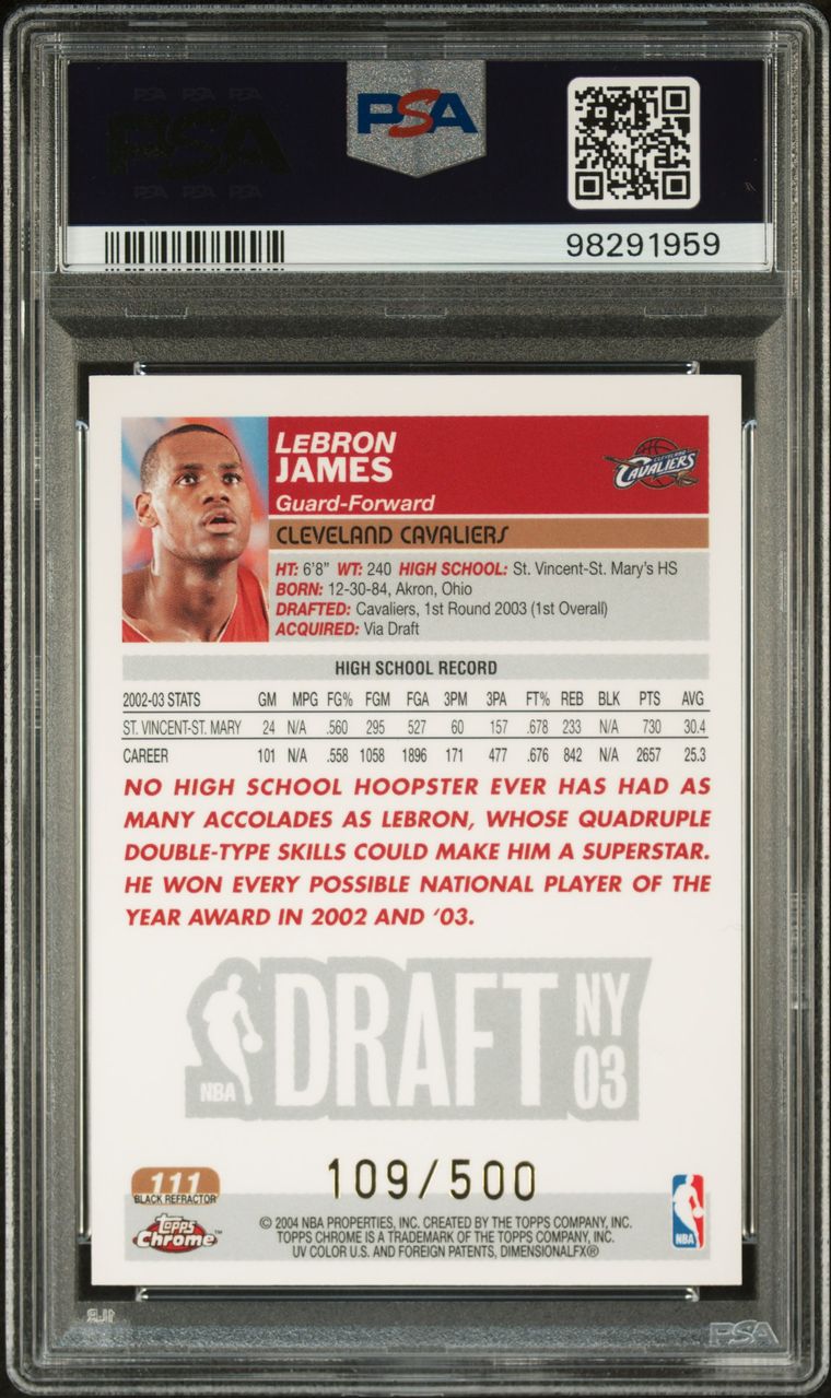 🏀 2003 Topps Chrome Black Refractor #111 LeBron James Rookie Card – PSA 9 MINT [#109/500] 🔥 Available now at Locos Rips and Hits – Shop the Vault